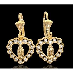Laminated Gold Tone Virgin‎ Mary Miraculous Heart  Earrings Religious